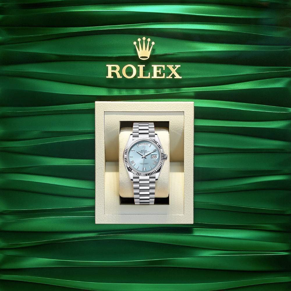 2024 Release Rolex Day-Date 36 mm | Platinum President bracelet | Ice blue dial Fluted bezel | Men's Watch 128236