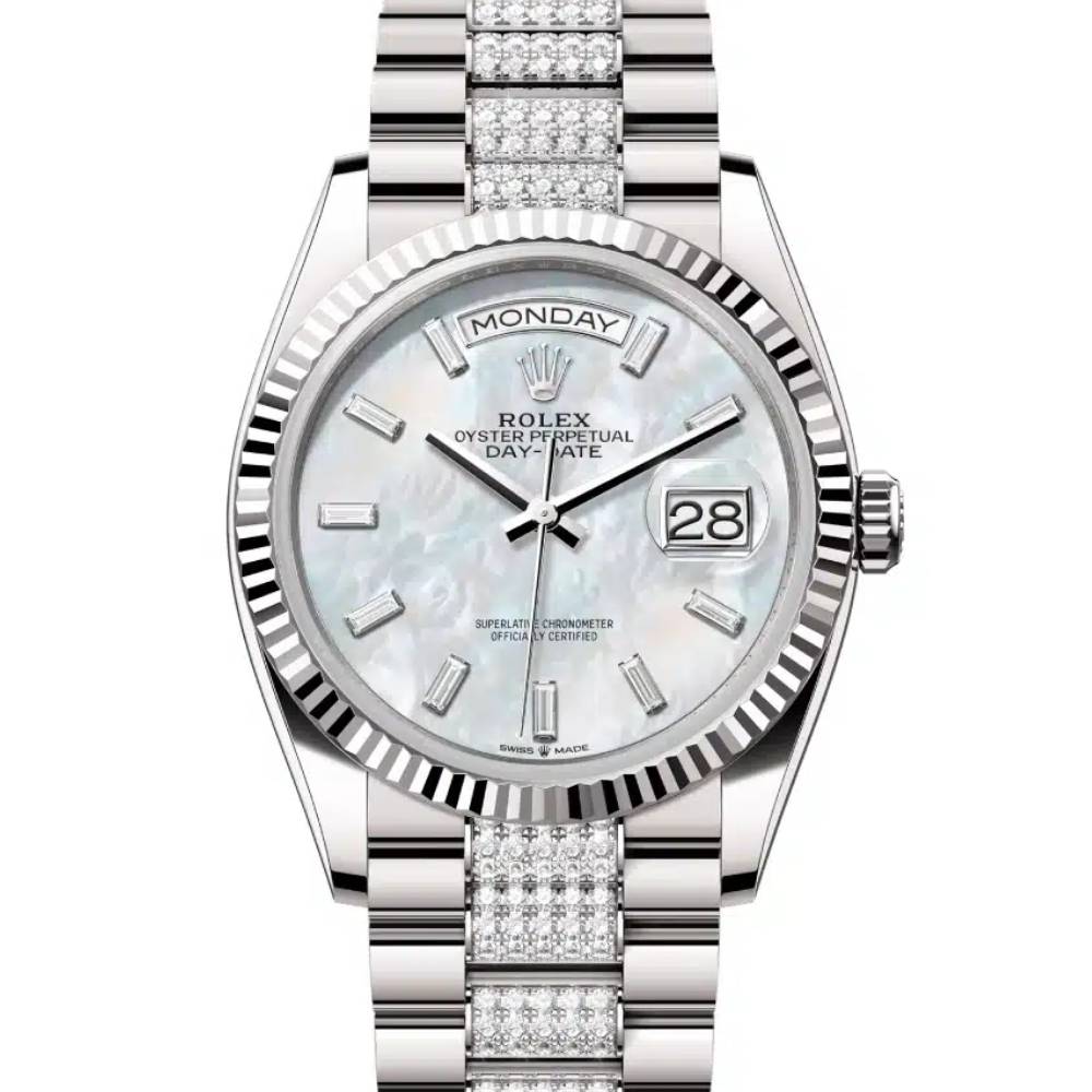 2024 Release Rolex Day Date 36mm - Ref: 128239-0066 - white mother of pearl Diamond & Diamond Bezel, 18k White Gold Presidential Bracelet Watch