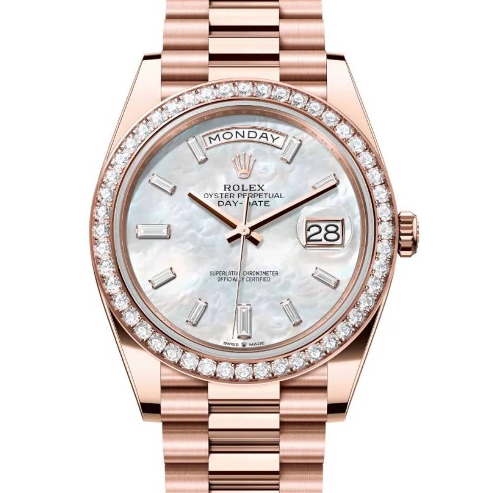 2024 Release Rolex Day-Date 40 mm | 18k Everose gold President bracelet | White mother-of-pearl Diamond dial Diamond bezel | Men's Watch 228345RBR