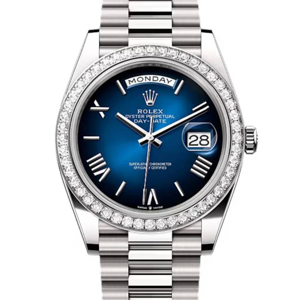 2024 Release Rolex Day-Date 40 mm | 18k white gold President bracelet | Blue ombré dial Diamond bezel | Men's Watch 228349RBR