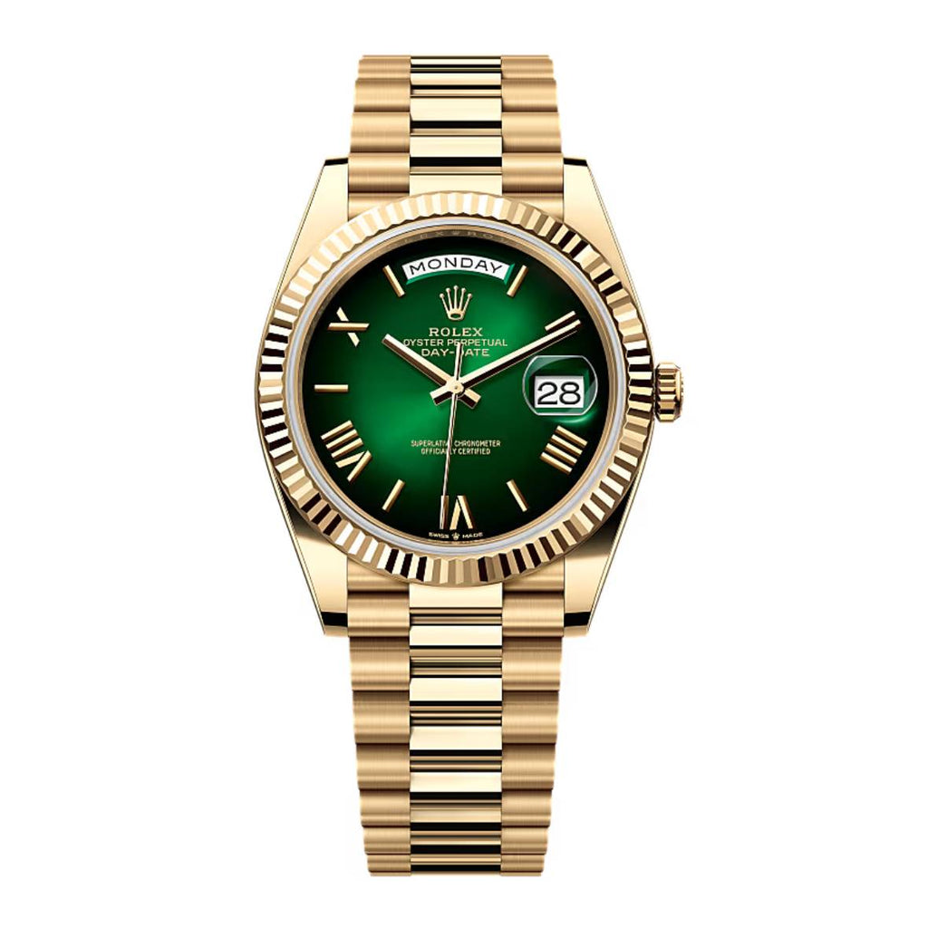 2024 Release Rolex Day-Date 40mm - Ref: 228238-0069 - Green Ombre Dial, 18k Yellow Gold Presidential Bracelet Watch