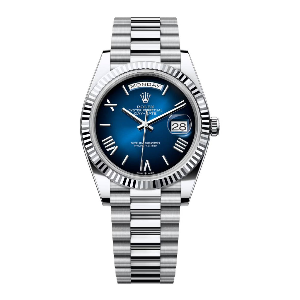 2024 Release Rolex Day-Date 40 mm | 18k white gold President bracelet | Blue ombré dial Fluted bezel | Men's Watch 228239