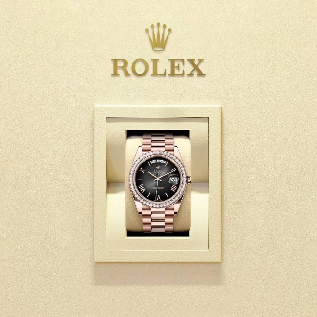 2024 Release Rolex Day-Date 40 mm | 18k Everose gold President bracelet | Slate ombré dial Diamond bezel | Men's Watch 228345RBR