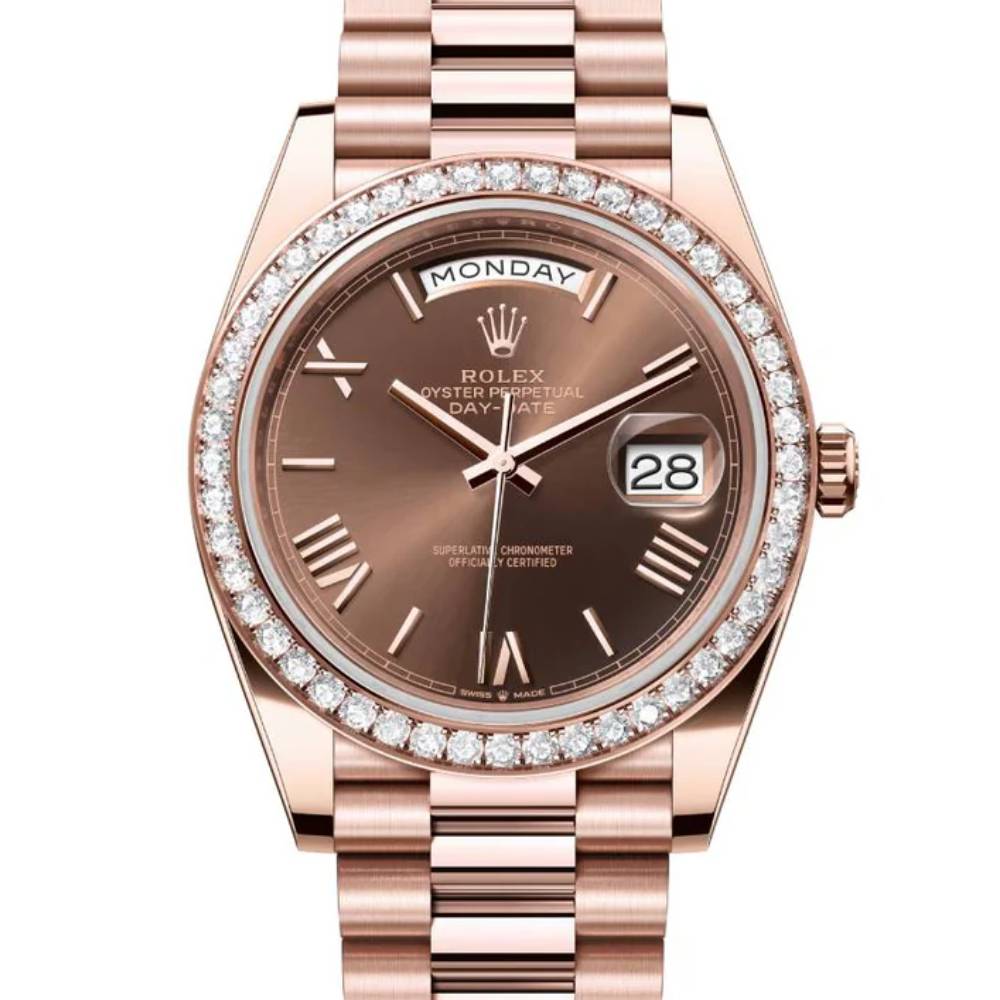 
2024 Release Rolex Day-Date 40 mm | 18k Everose gold President bracelet | Chocolate dial Diamond bezel | Men's Watch 228345RBR