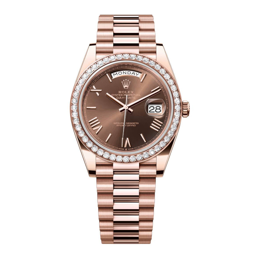 2024 Release Rolex Day-Date 40 mm | 18k Everose gold President bracelet | Chocolate dial Diamond bezel | Men's Watch 228345RBR