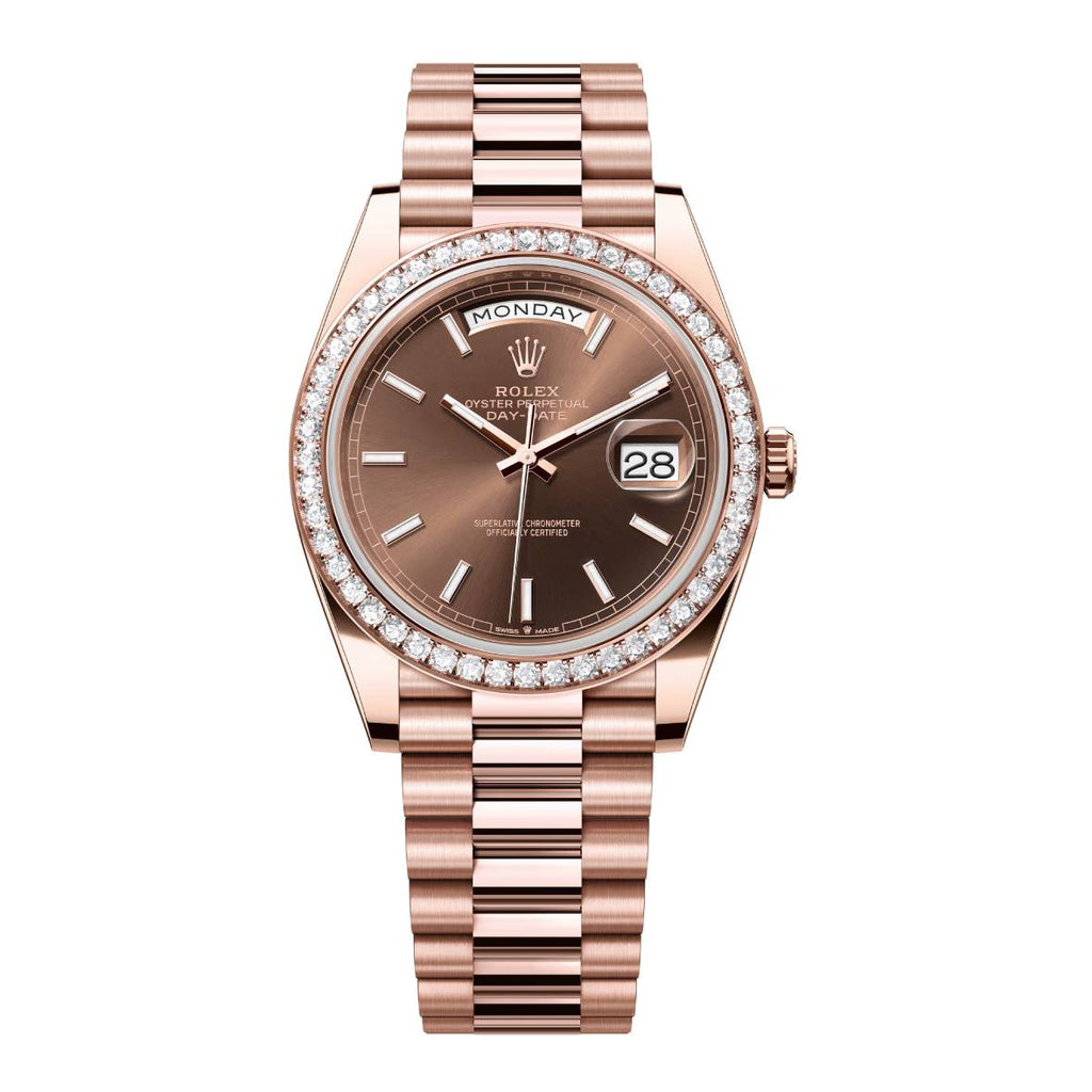  2024 Release Rolex Day-Date 40 mm | 18k Everose gold President bracelet | Chocolate dial Diamond bezel | Men's Watch 228345RBR