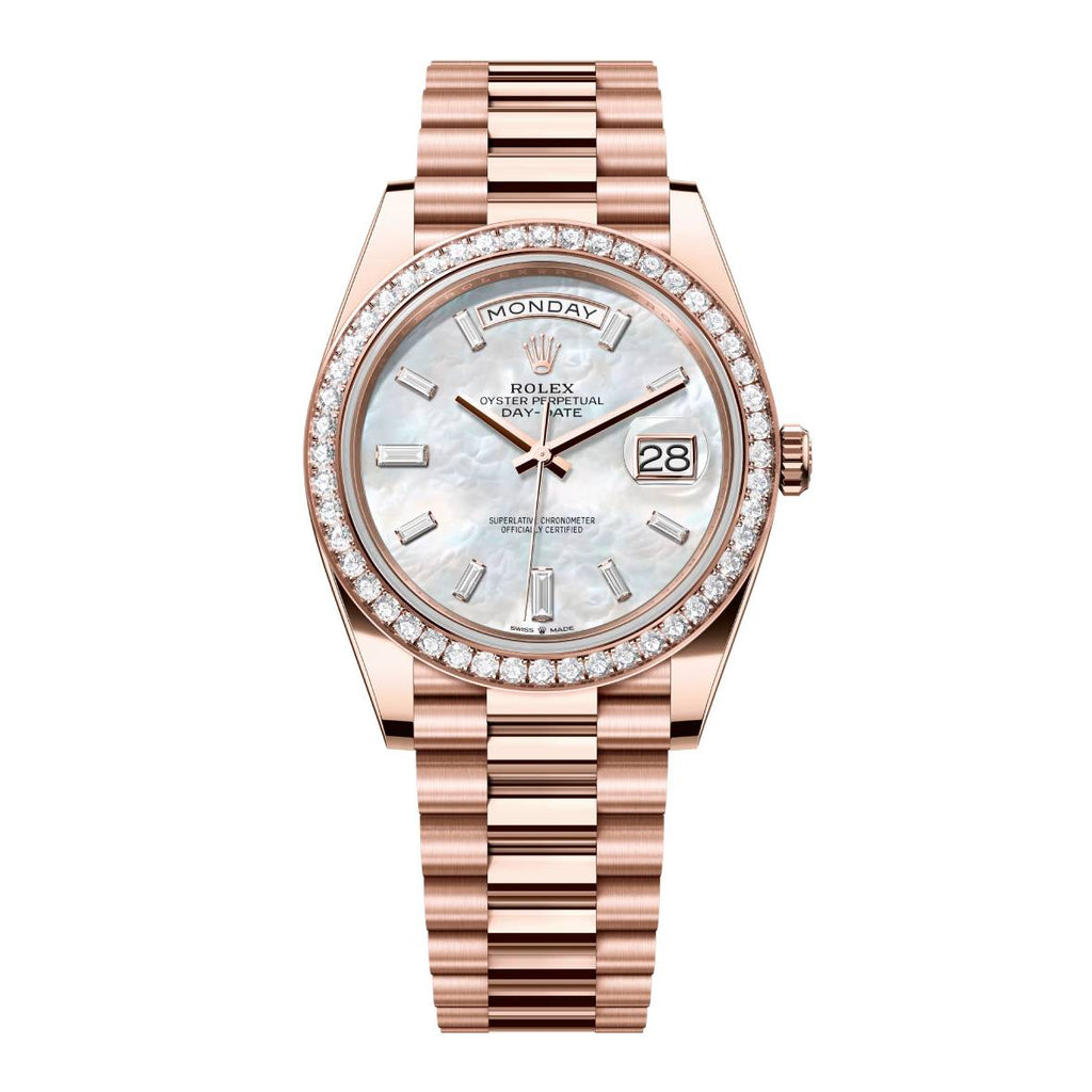 2024 Release Rolex Day-Date 40 mm | 18k Everose gold President bracelet | White mother-of-pearl Diamond dial Diamond bezel | Men's Watch 228345RBR