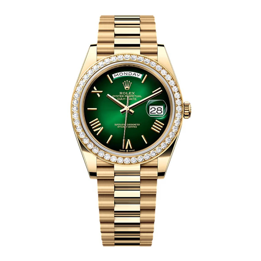 2024 Release Rolex Day-Date 40 mm | 18k yellow gold President bracelet | Green ombré dial Diamond bezel | Men's Watch 228348RBR