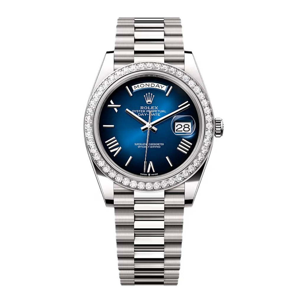 2024 Release Rolex Day-Date 40 mm | 18k white gold President bracelet | Blue ombré dial Diamond bezel | Men's Watch 228349RBR