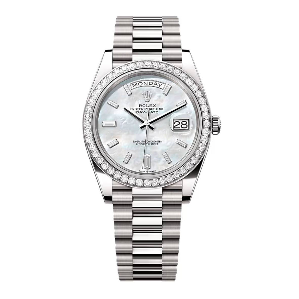 2024 Release Rolex Day-Date 40 mm | 18k white gold President bracelet | White mother-of-pearl dial Diamond bezel | Men's Watch 228349RBR