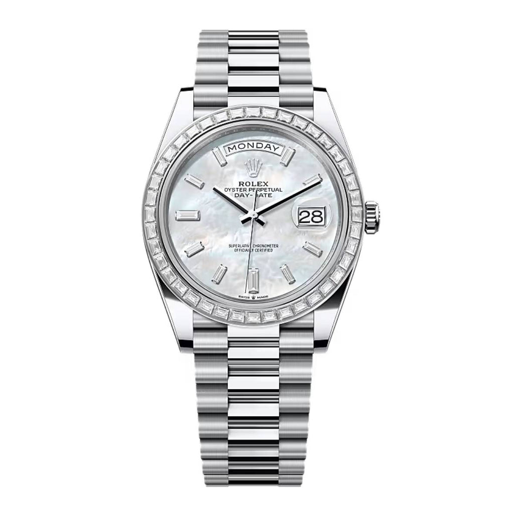 2024 Release Rolex Day-Date 40 mm | Platinum President bracelet | White mother-of-pearl dial Diamond bezel | Men's Watch 228396TBR-0043