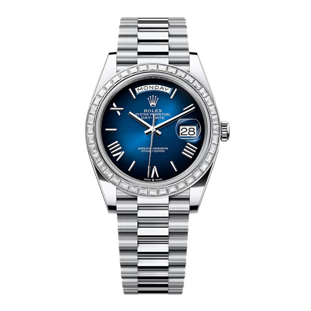 2024 Release Rolex Day-Date 40 mm | Platinum President bracelet | Blue ombré dial Diamond bezel | Men's Watch 228396TBR