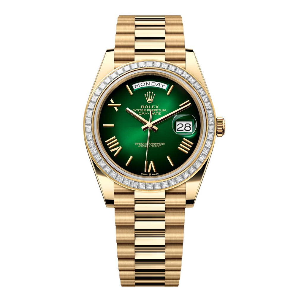 2024 Release Rolex Day-Date 40 mm | 18k yellow gold President bracelet | Green ombré dial Diamond bezel | Men's Watch 228398TBR