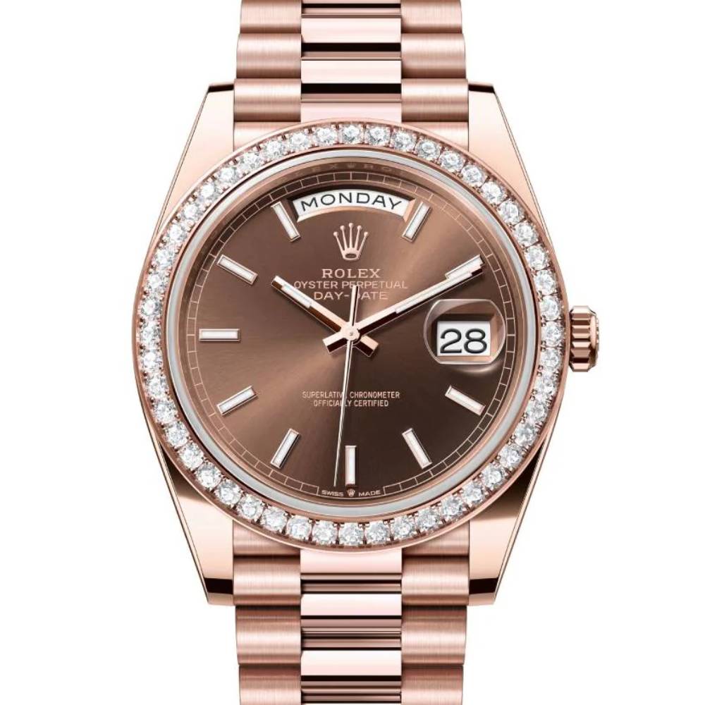 2024 Release Rolex Day-Date 40 mm | 18k Everose gold President bracelet | Chocolate dial Diamond bezel | Men's Watch 228345RBR