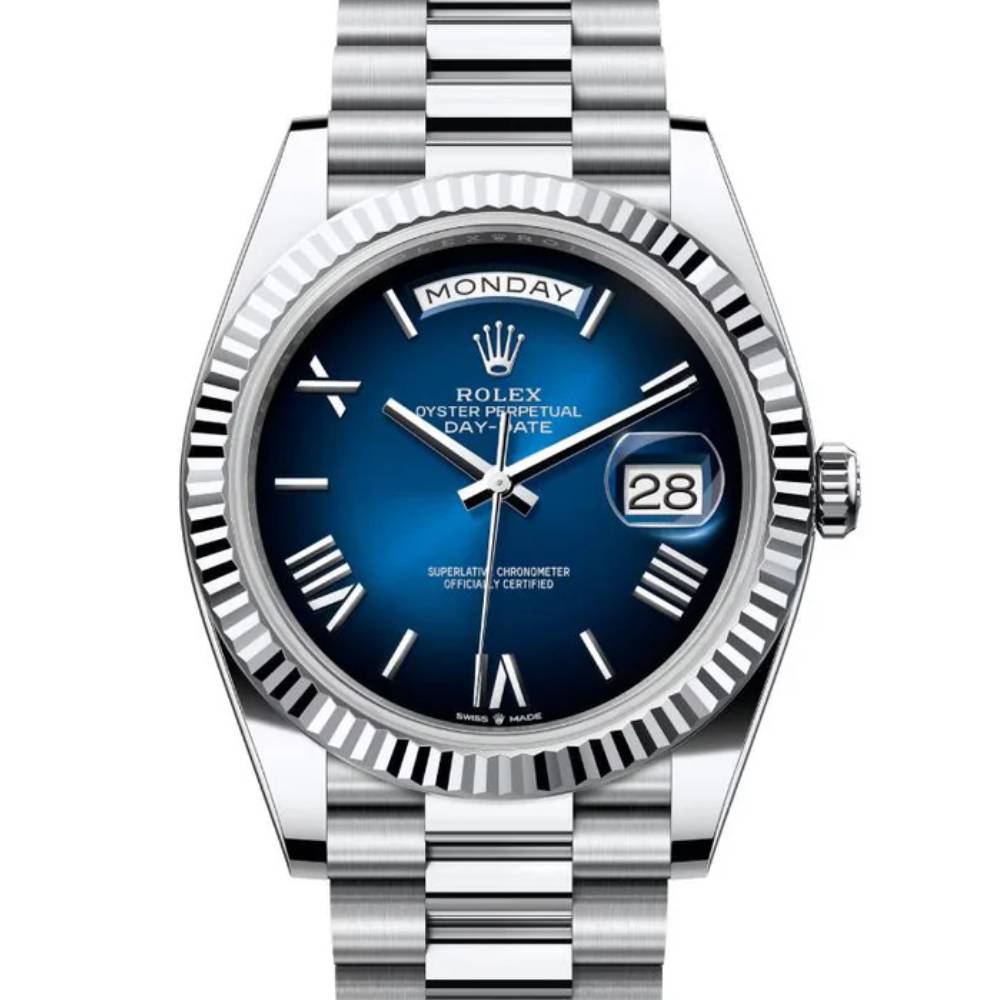 2024 Release Rolex Day-Date 40 mm | 18k white gold President bracelet | Blue ombré dial Fluted bezel | Men's Watch 228239