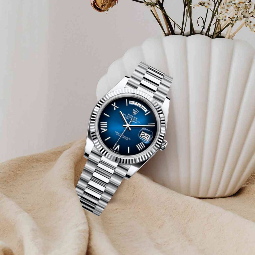 2024 Release Rolex Day-Date 40 mm | 18k white gold President bracelet | Blue ombré dial Fluted bezel | Men's Watch 228239