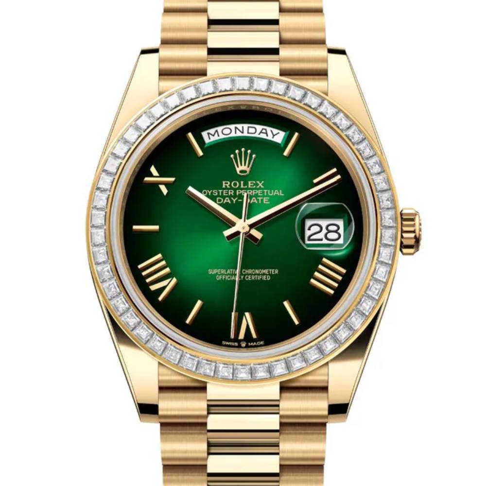 2024 Release Rolex Day-Date 40 mm | 18k yellow gold President bracelet | Green ombré dial Diamond bezel | Men's Watch 228398TBR