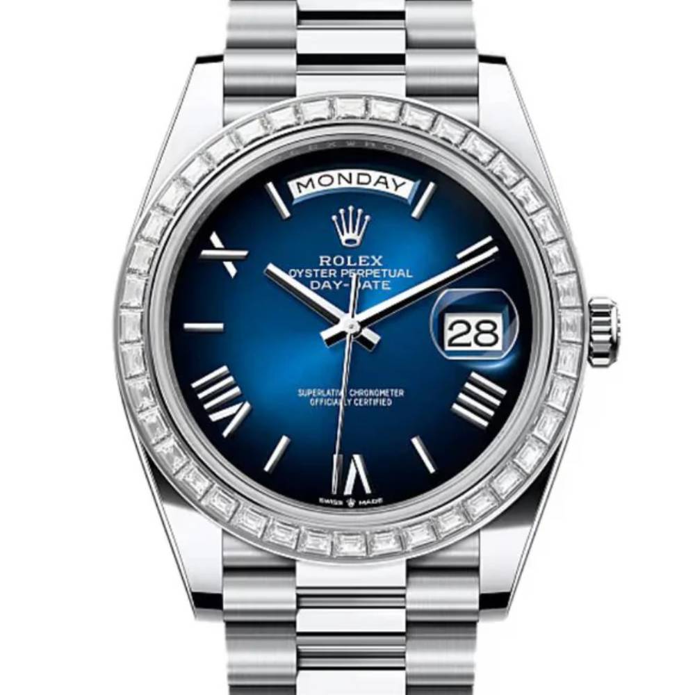 2024 Release Rolex Day-Date 40 mm | Platinum President bracelet | Blue ombré dial Diamond bezel | Men's Watch 228396TBR