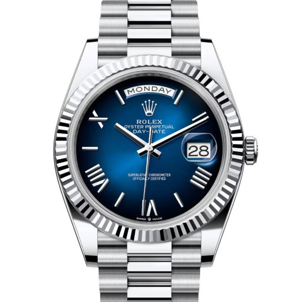 2024 Release Rolex Day-Date 40 mm | Platinum President bracelet | Blue ombré dial Fluted bezel | Men's Watch 228236