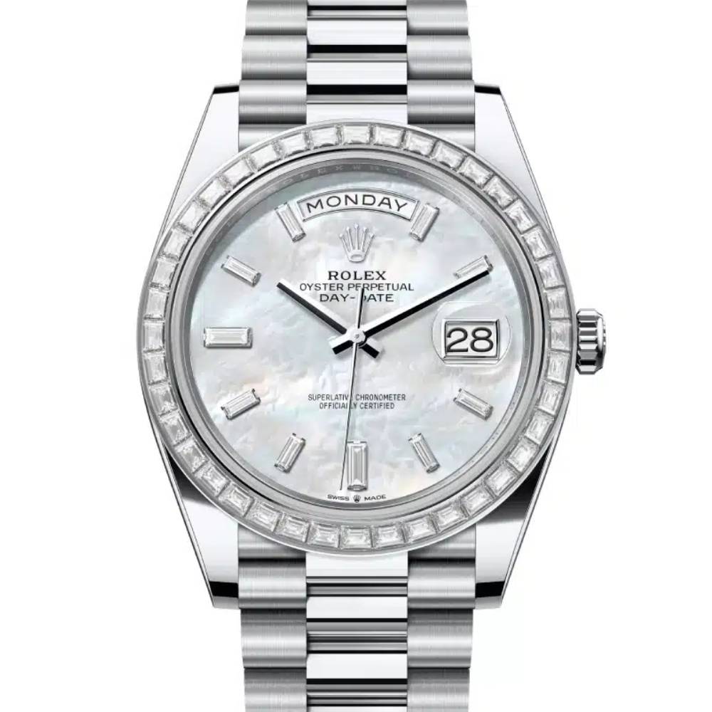 2024 Release Rolex Day Date 40mm - Ref: 228396TBR-0043 - White Mother of Pearl Dial & Diamond Bezel, Platinum President Bracelet Men's Watch