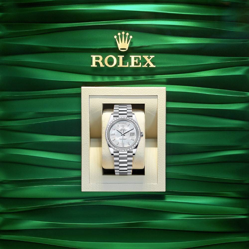 2024 Release Rolex Day Date 40mm - Ref: 228396TBR-0043 - White Mother of Pearl Dial & Diamond Bezel, Platinum President Bracelet Men's Watch