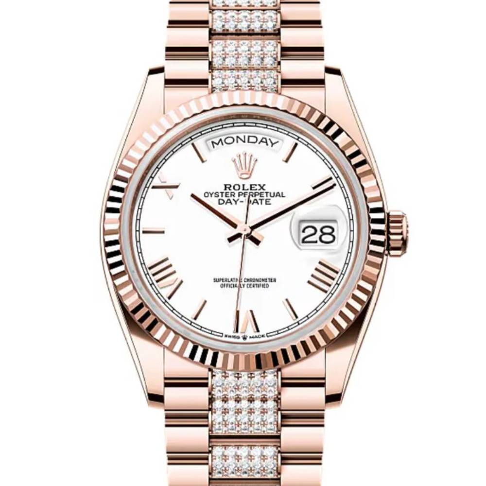 2024 Release Rolex Day-Date 36 mm | 18k Everose gold President Diamond bracelet | White dial Fluted bezel | Men's Watch 128235
