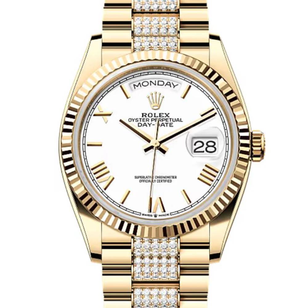 2024 Release Rolex Day-Date 36 mm | 18k yellow gold President Diamond bracelet | White dial Fluted bezel | Men's Watch 128238