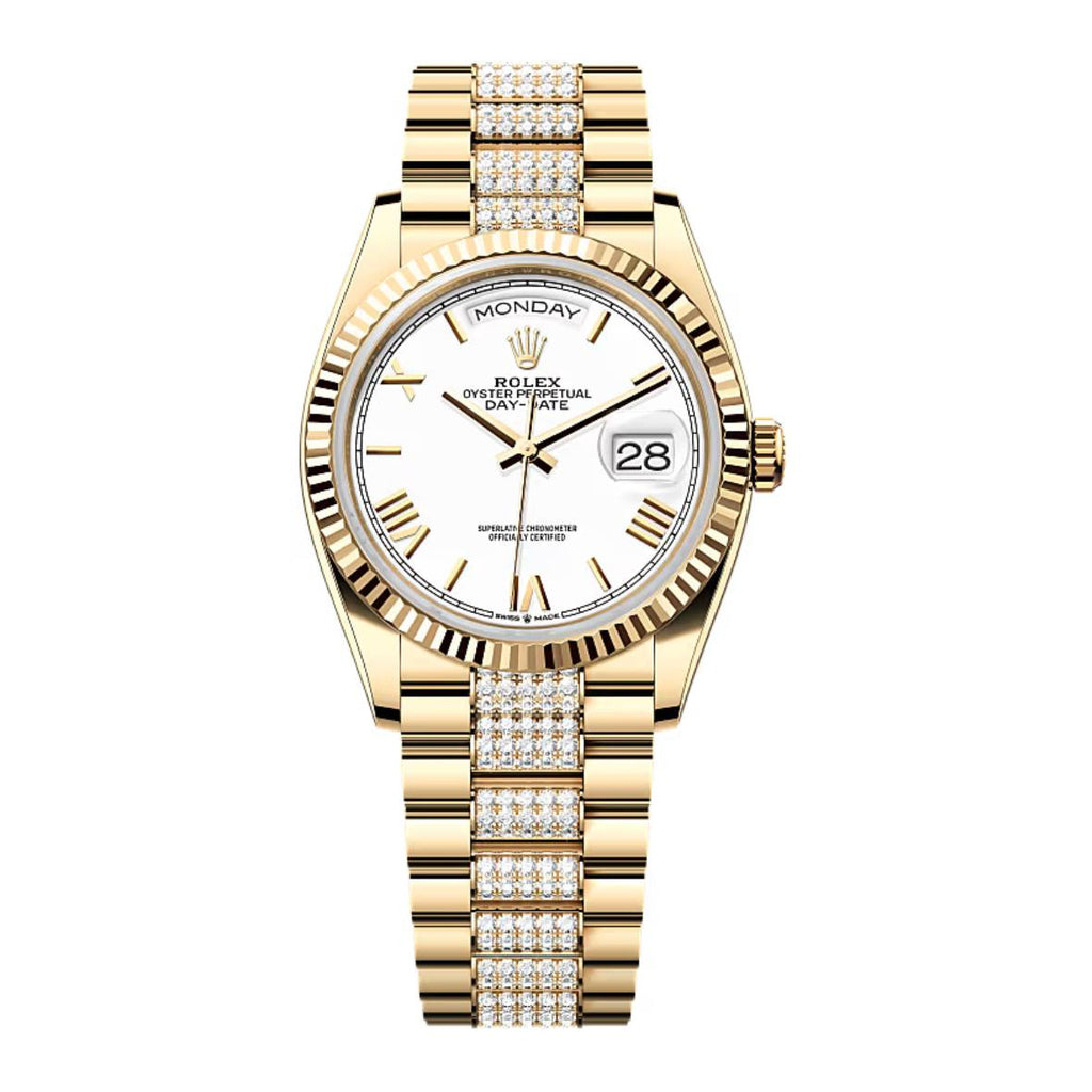 2024 Release Rolex Day-Date 36 mm | 18k yellow gold President Diamond bracelet | White dial Fluted bezel | Men's Watch 128238