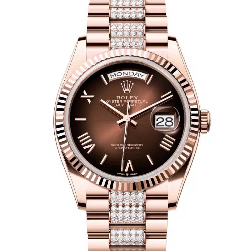 2024 Release Rolex Day-Date 36 mm | 18k Everose gold Diamond President bracelet | Brown ombré dial Fluted bezel | Men's Watch 128235