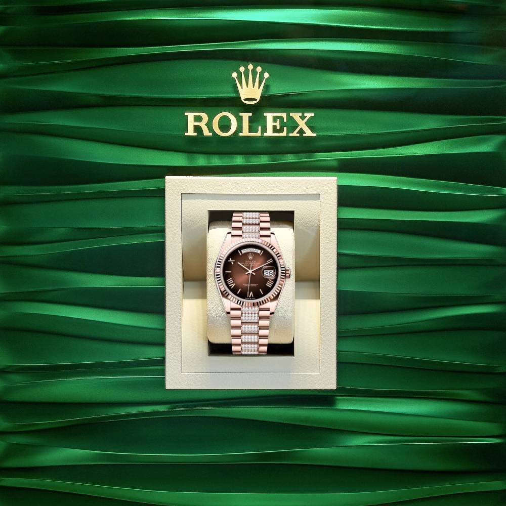 2024 Release Rolex Day-Date 36 mm | 18k Everose gold Diamond President bracelet | Brown ombré dial Fluted bezel | Men's Watch 128235