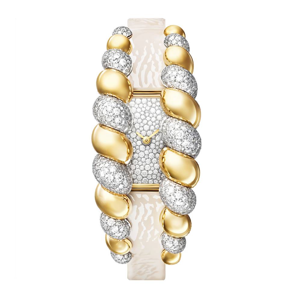 2025 Model Cartier Tressage 25mm Watch - Ref: HPI01690 - Diamond Dial in 18k Yellow Gold and 18k White Gold, Shiny Beige Calfskin Strap Bracelet