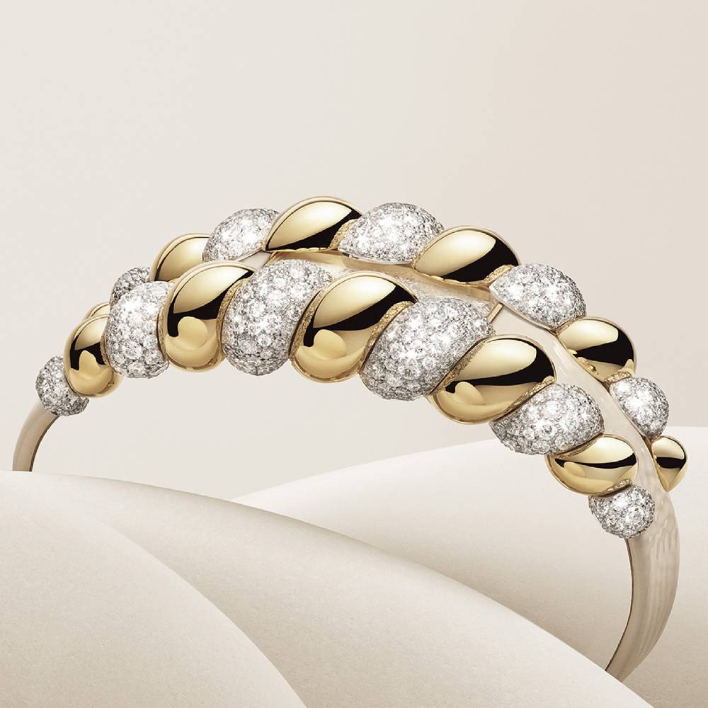 2025 Model Cartier Tressage 25mm Watch - Ref: HPI01690 - Diamond Dial in 18k Yellow Gold and 18k White Gold, Shiny Beige Calfskin Strap Bracelet