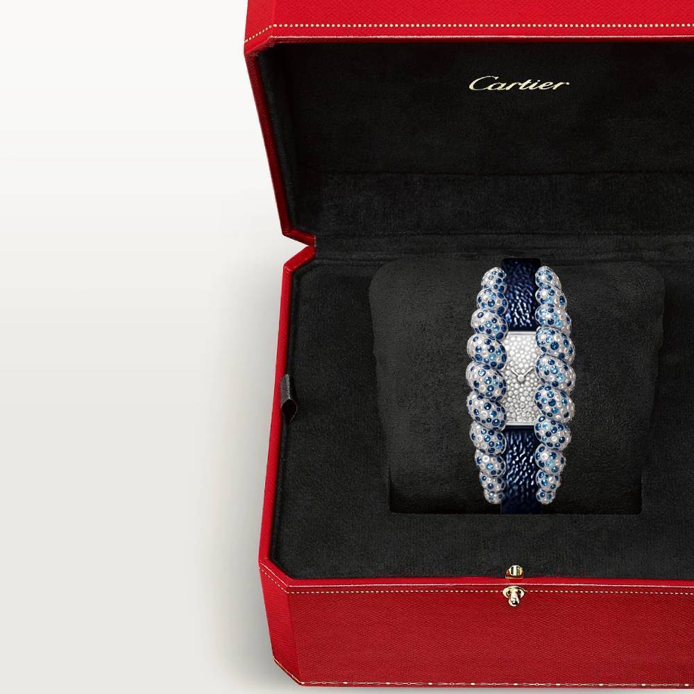 2025 Model Cartier Tressage 26mm Watch - Ref: HPI01691 - Diamond Dial in 18k White Gold and Sapphires, Blue Calfskin Strap Bracelet