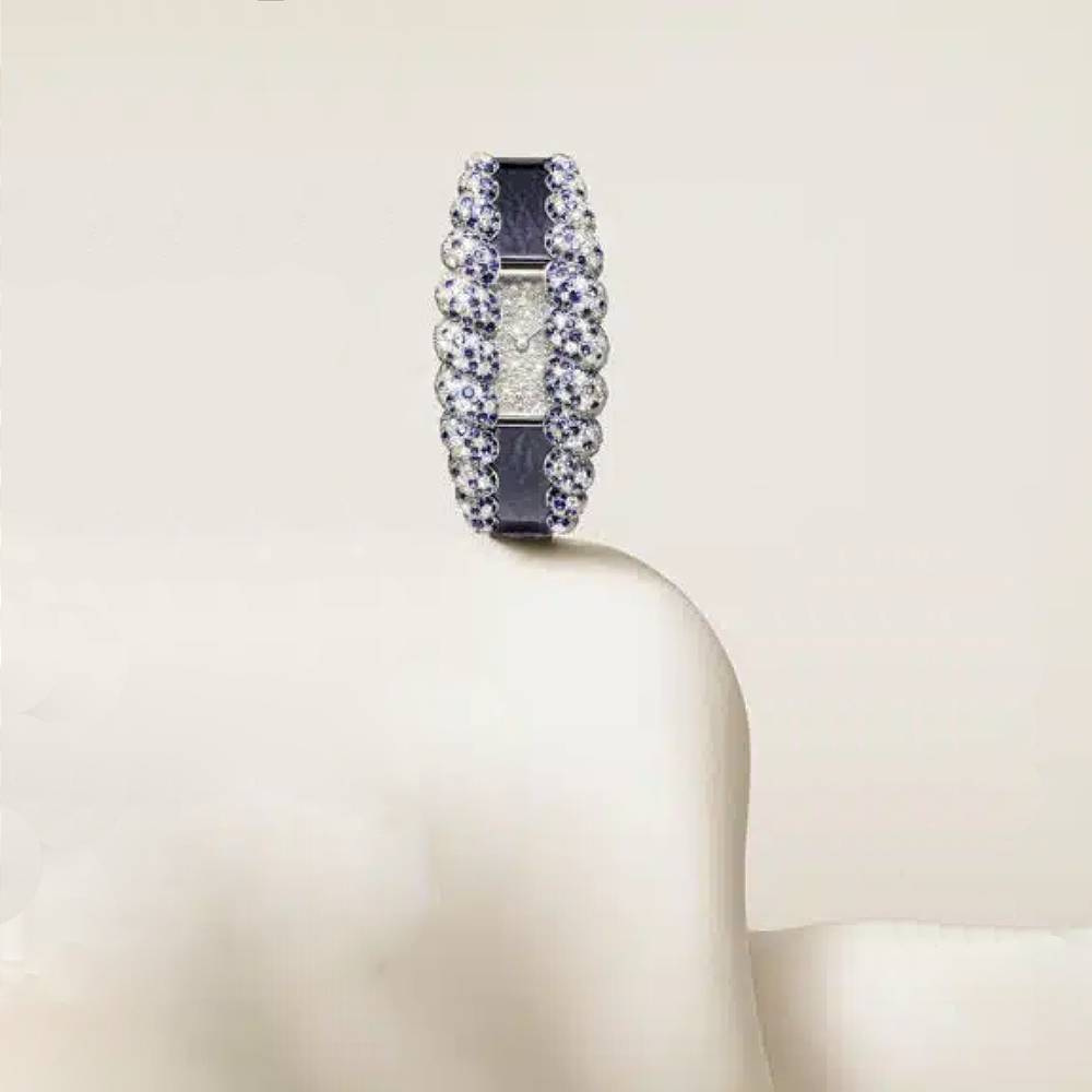 2025 Model Cartier Tressage 26mm Watch - Ref: HPI01691 - Diamond Dial in 18k White Gold and Sapphires, Blue Calfskin Strap Bracelet