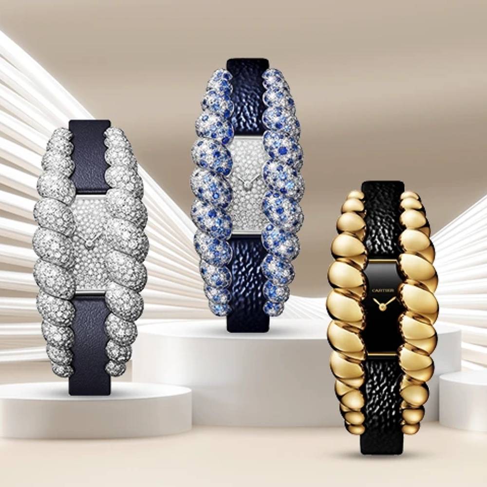 2025 Model Cartier Tressage 26mm Watch - Ref: HPI01691 - Diamond Dial in 18k White Gold and Sapphires, Blue Calfskin Strap Bracelet