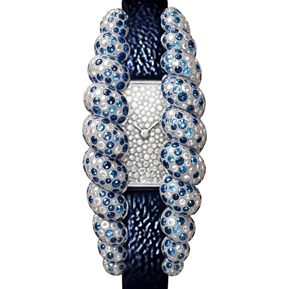 2025 Model Cartier Tressage 26mm Watch - Ref: HPI01691 - Diamond Dial in 18k White Gold and Sapphires, Blue Calfskin Strap Bracelet