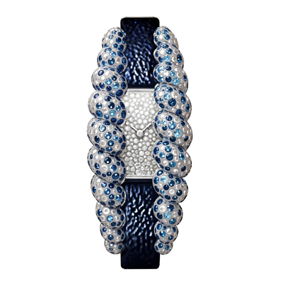 2025 Model Cartier Tressage 26mm Watch - Ref: HPI01691 - Diamond Dial in 18k White Gold and Sapphires, Blue Calfskin Strap Bracelet