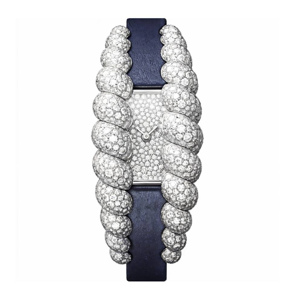 2025 Model Cartier Tressage 26mm Watch - Ref: HPI01693 - Diamond Dial in 18k White Gold, Blue Calfskin Strap Bracelet