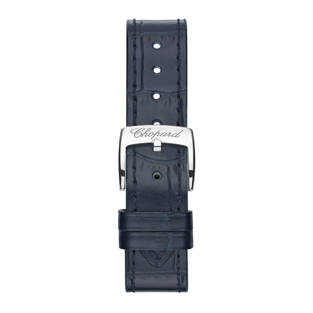 2025 Model Chopard Happy Sport 33 mm Watch - Ref: 278608-4001 - Silver Dial in 18k Yellow Gold Case, Blue Leather Strap