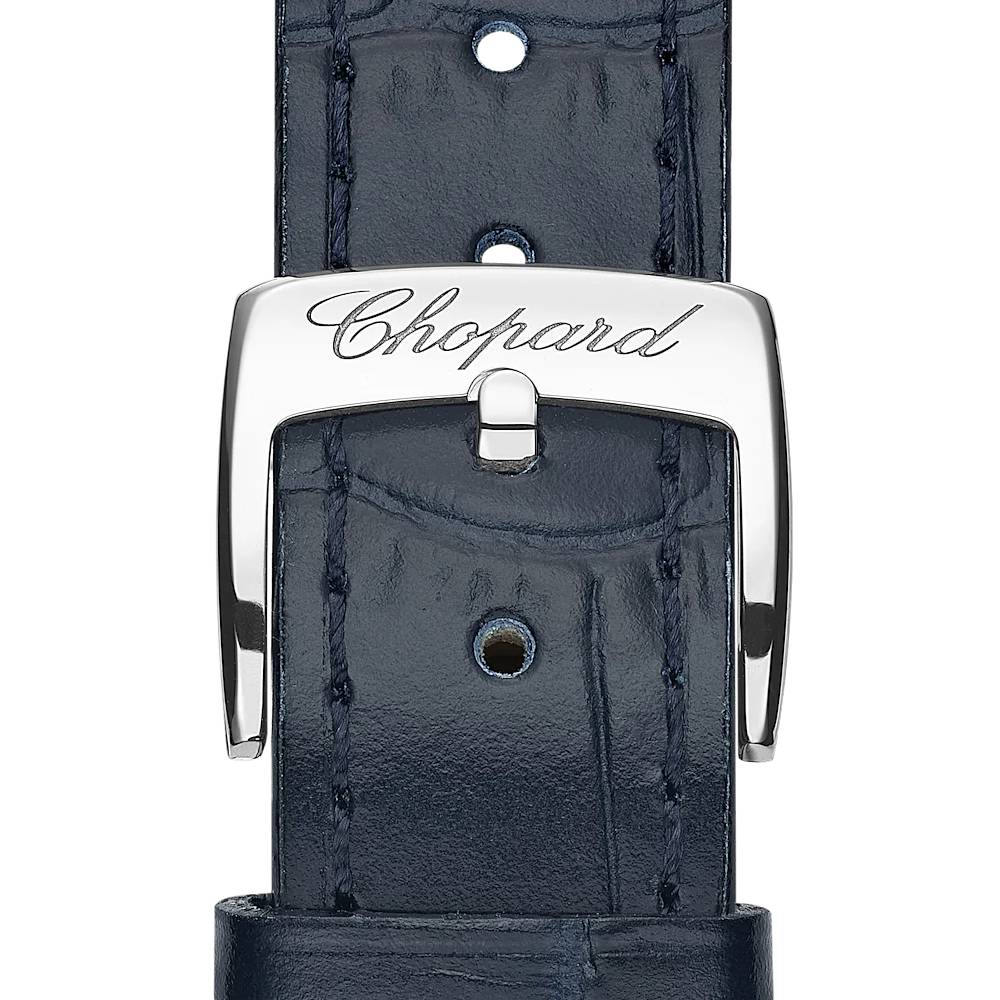 2025 Model Chopard Happy Sport 33 mm Watch - Ref: 278608-4001 - Silver Dial in 18k Yellow Gold Case, Blue Leather Strap