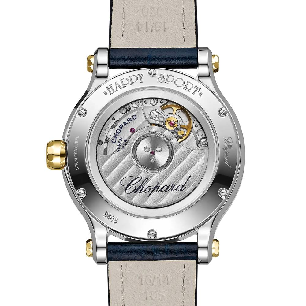 2025 Model Chopard Happy Sport 33 mm Watch - Ref: 278608-4001 - Silver Dial in 18k Yellow Gold Case, Blue Leather Strap