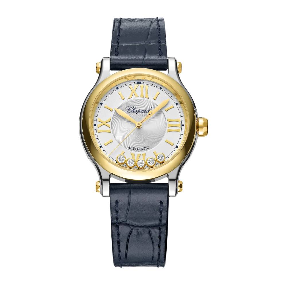 2025 Model Chopard Happy Sport 33 mm Watch - Ref: 278608-4001 - Silver Dial in 18k Yellow Gold Case, Blue Leather Strap