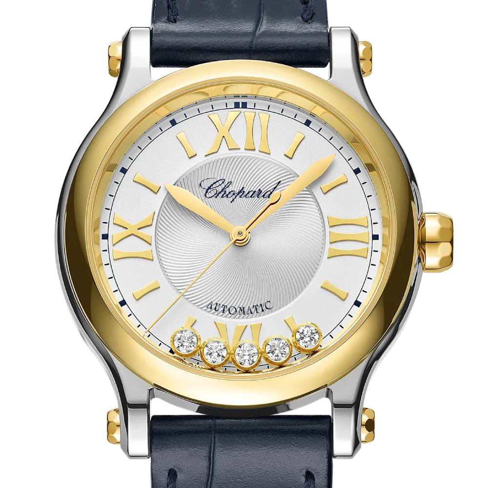 2025 Model Chopard Happy Sport 33 mm Watch - Ref: 278608-4001 - Silver Dial in 18k Yellow Gold Case, Blue Leather Strap