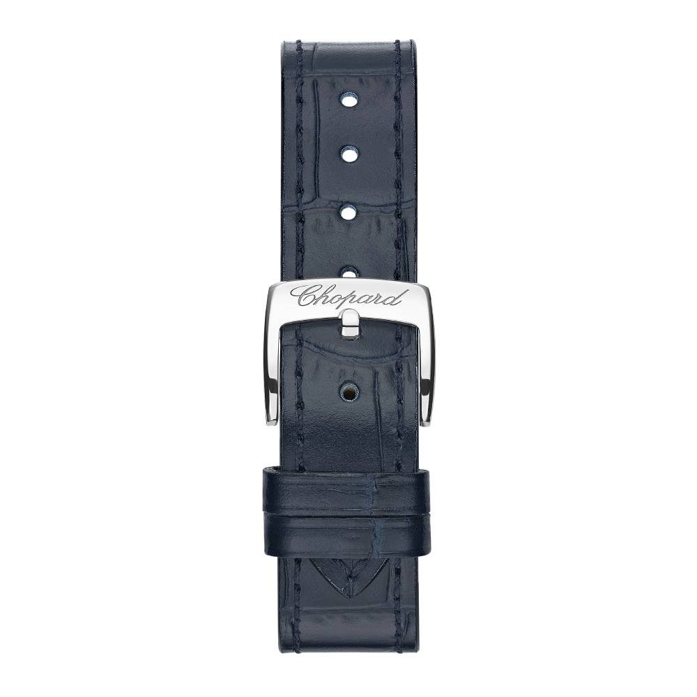 2025 Model Chopard Happy Sport 36 mm Watch - Ref: 278559-4001 - White Dial in 18k Yellow Gold & Stainless Steel Case, Blue Leather Strap