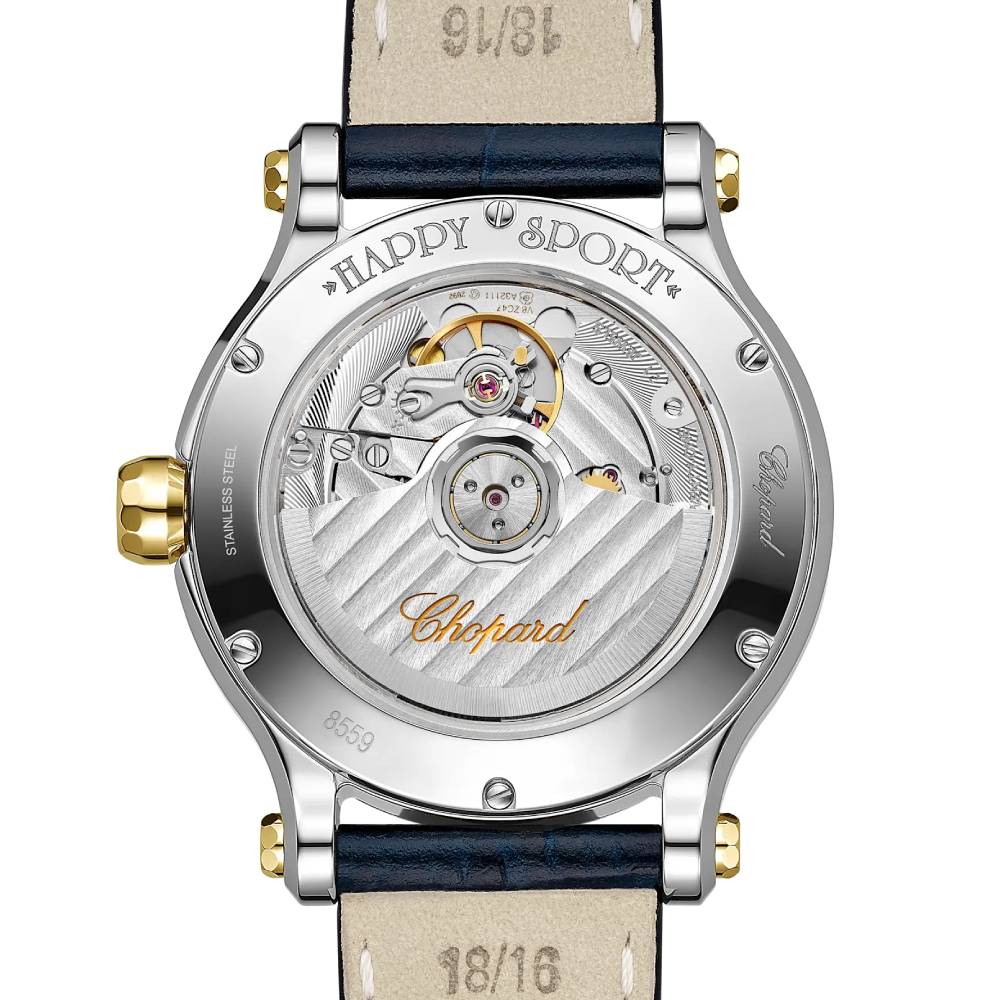 2025 Model Chopard Happy Sport 36 mm Watch - Ref: 278559-4001 - White Dial in 18k Yellow Gold & Stainless Steel Case, Blue Leather Strap