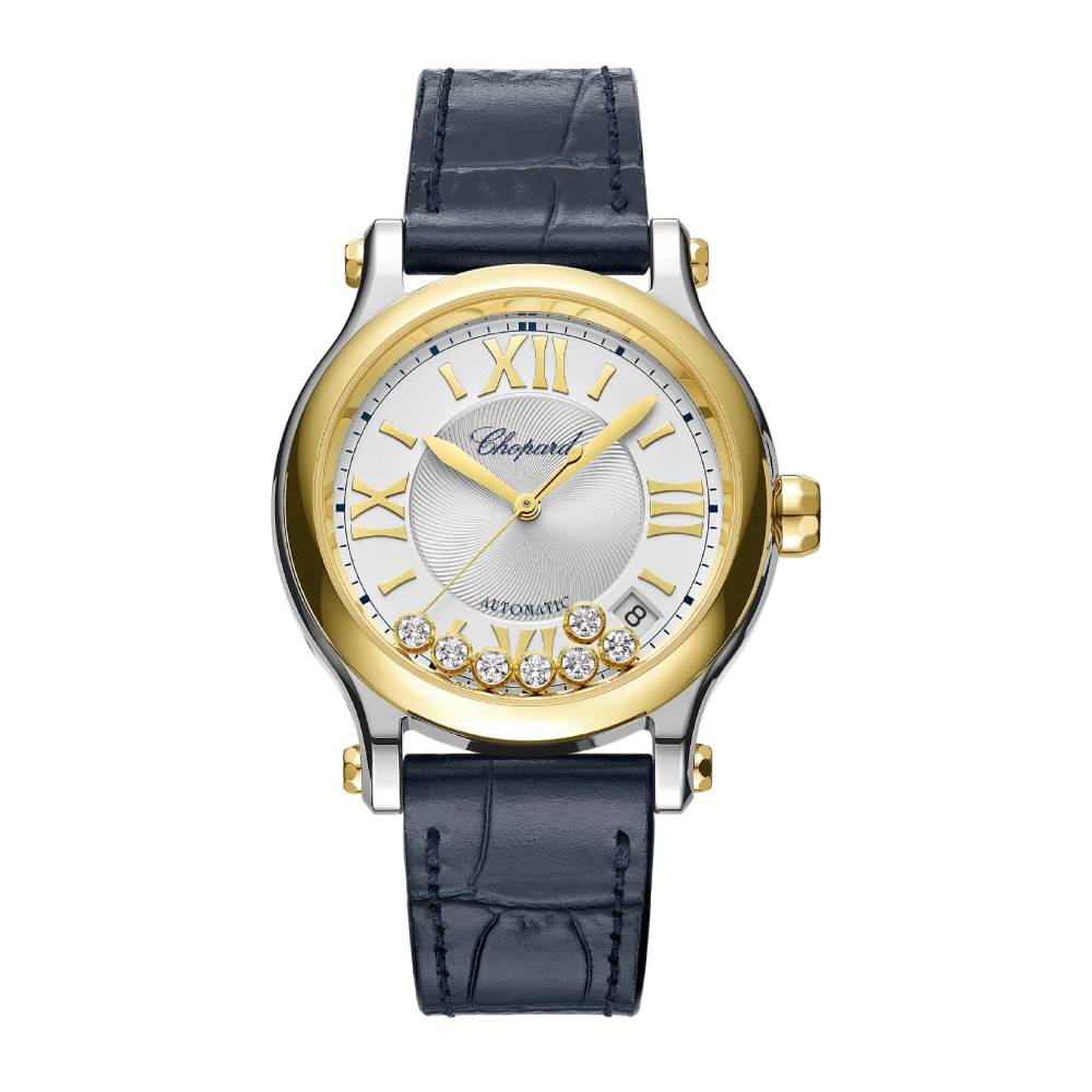 2025 Model Chopard Happy Sport 36 mm Watch - Ref: 278559-4001 - White Dial in 18k Yellow Gold & Stainless Steel Case, Blue Leather Strap