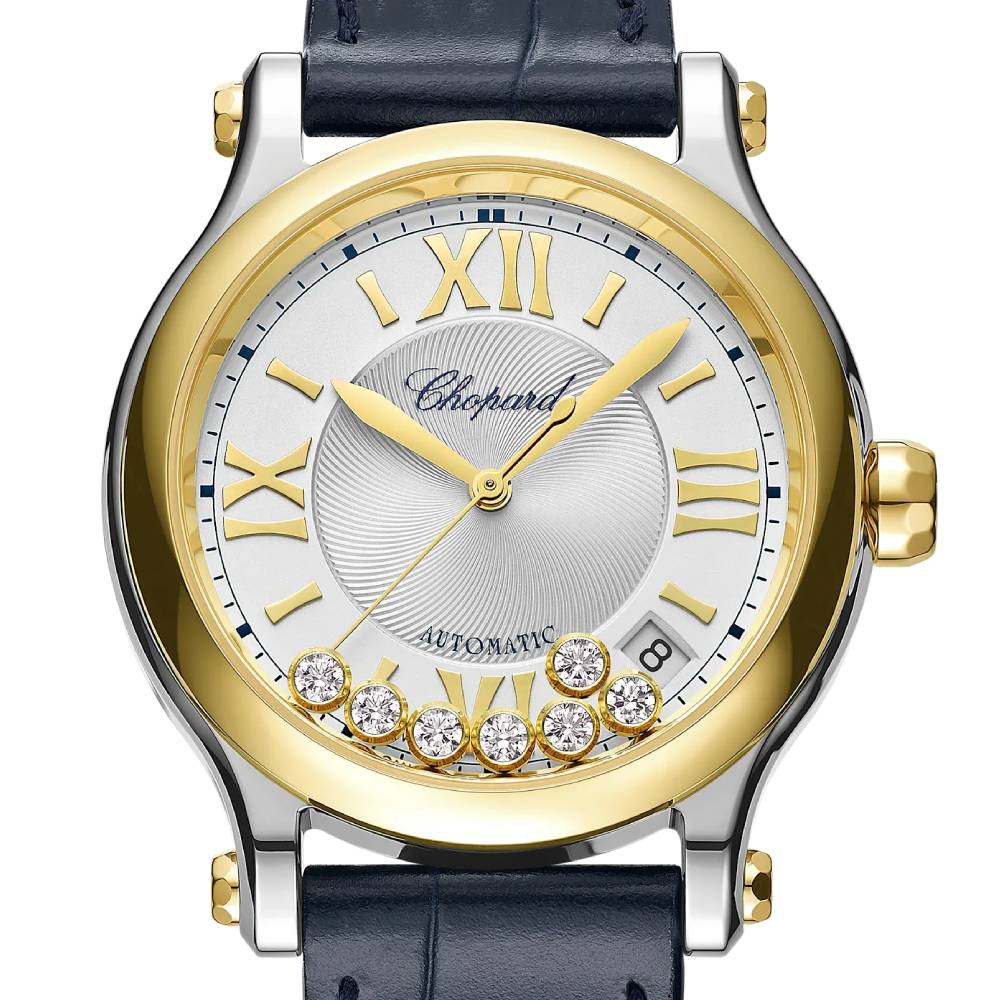 2025 Model Chopard Happy Sport 36 mm Watch - Ref: 278559-4001 - White Dial in 18k Yellow Gold & Stainless Steel Case, Blue Leather Strap