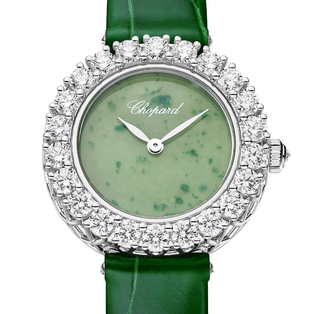 2025 Model Chopard L'Heure Du Diamant Round 26 mm Watch - Ref: 13A178-1310 - Green Dial in 18k White Gold Case, Green Leather Strap
