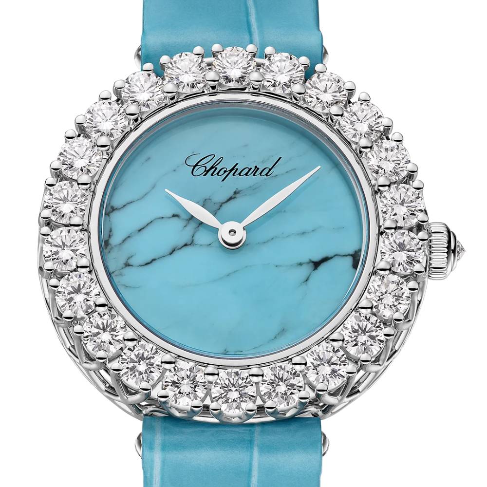 2025 Model Chopard L'Heure Du Diamant Round 26 mm Watch - Ref: 13A178-1315 - Blue Dial in 18k White Gold Case, Blue Leather Strap