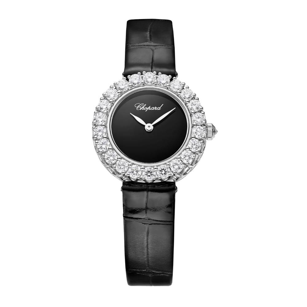 2025 Model Chopard L'Heure Du Diamant Round 26 mm Watch - Ref: 13A178-1318 - Black Dial in 18k White Gold Case, Black Leather Strap